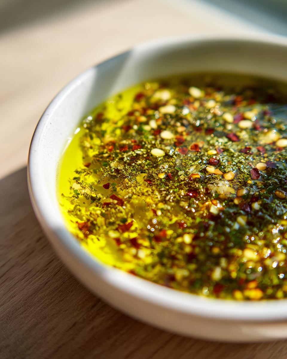 Close-up of a white bowl filled with bright yellow olive oil bread dip, topped generously with herbs, red pepper flakes, and seeds.