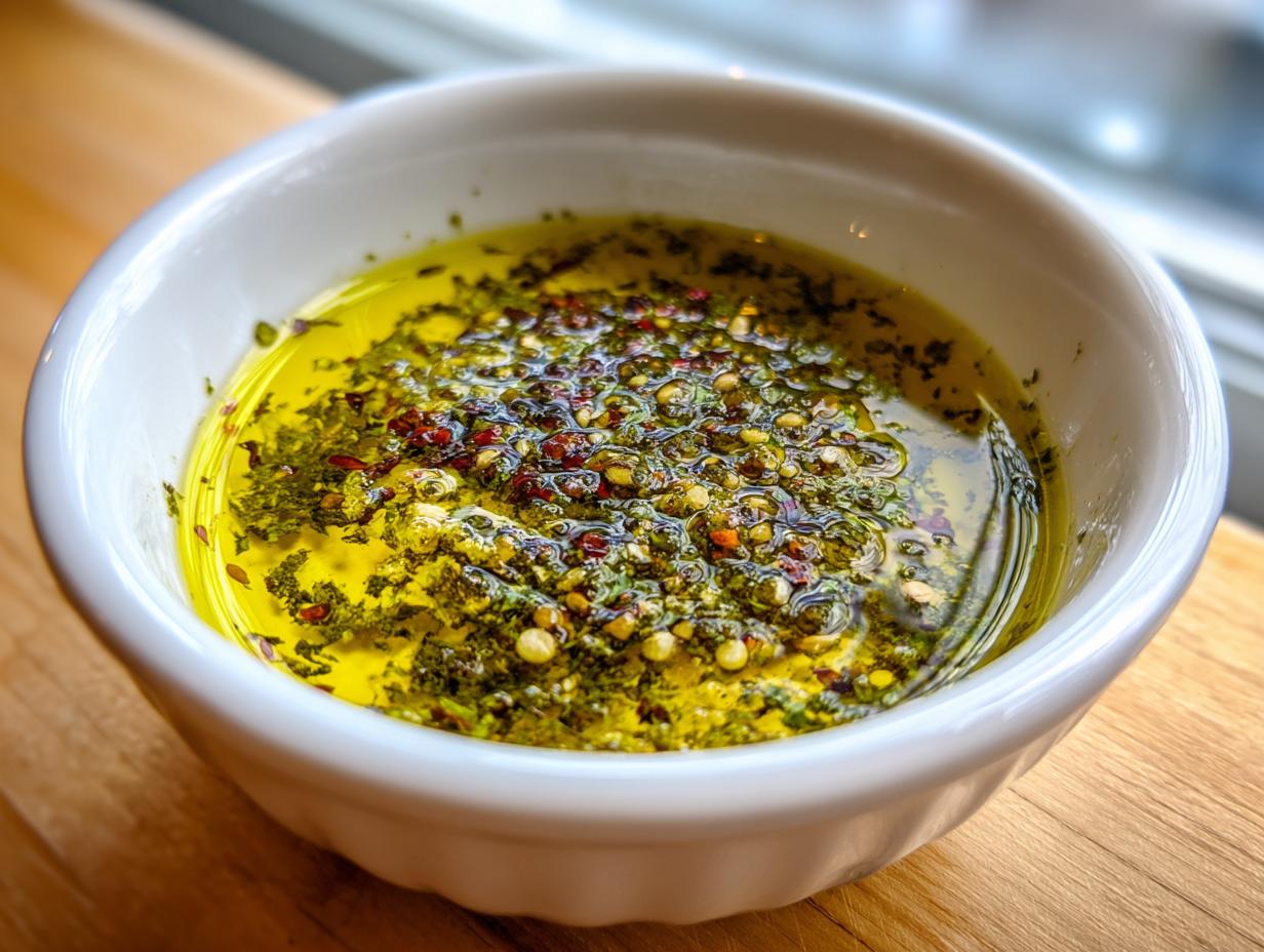 Close-up of a white bowl filled with vibrant olive oil bread dip, featuring green herbs and red pepper flakes.
