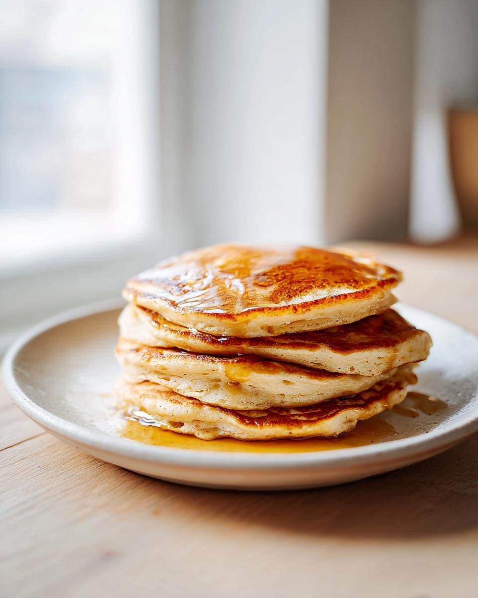 A tall stack of fluffy greek yogurt pancakes drizzled generously with golden syrup on a light ceramic plate.