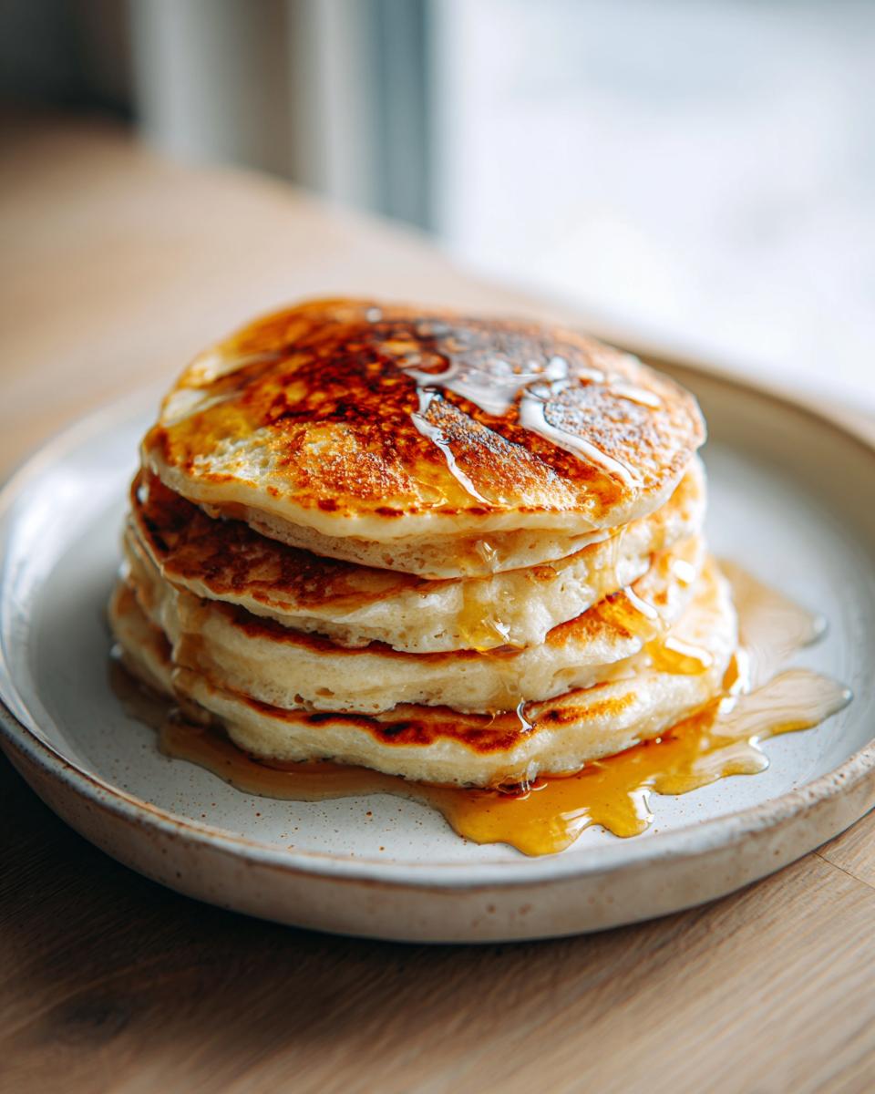 A tall stack of fluffy greek yogurt pancakes drizzled generously with golden syrup on a rustic plate.
