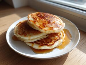 A stack of three fluffy greek yogurt pancakes drizzled generously with maple syrup on a white plate.