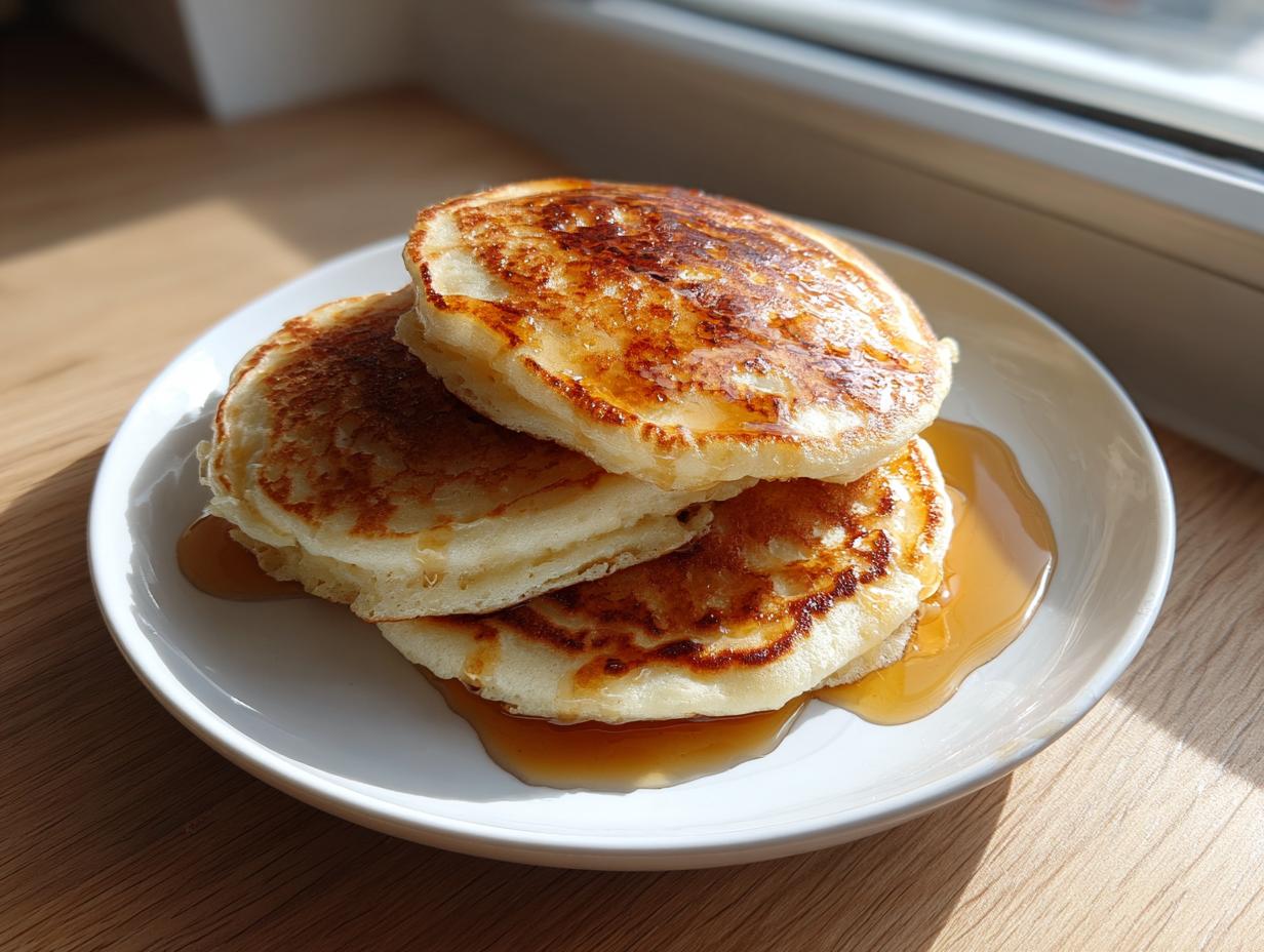 A stack of three fluffy greek yogurt pancakes drizzled generously with maple syrup on a white plate.