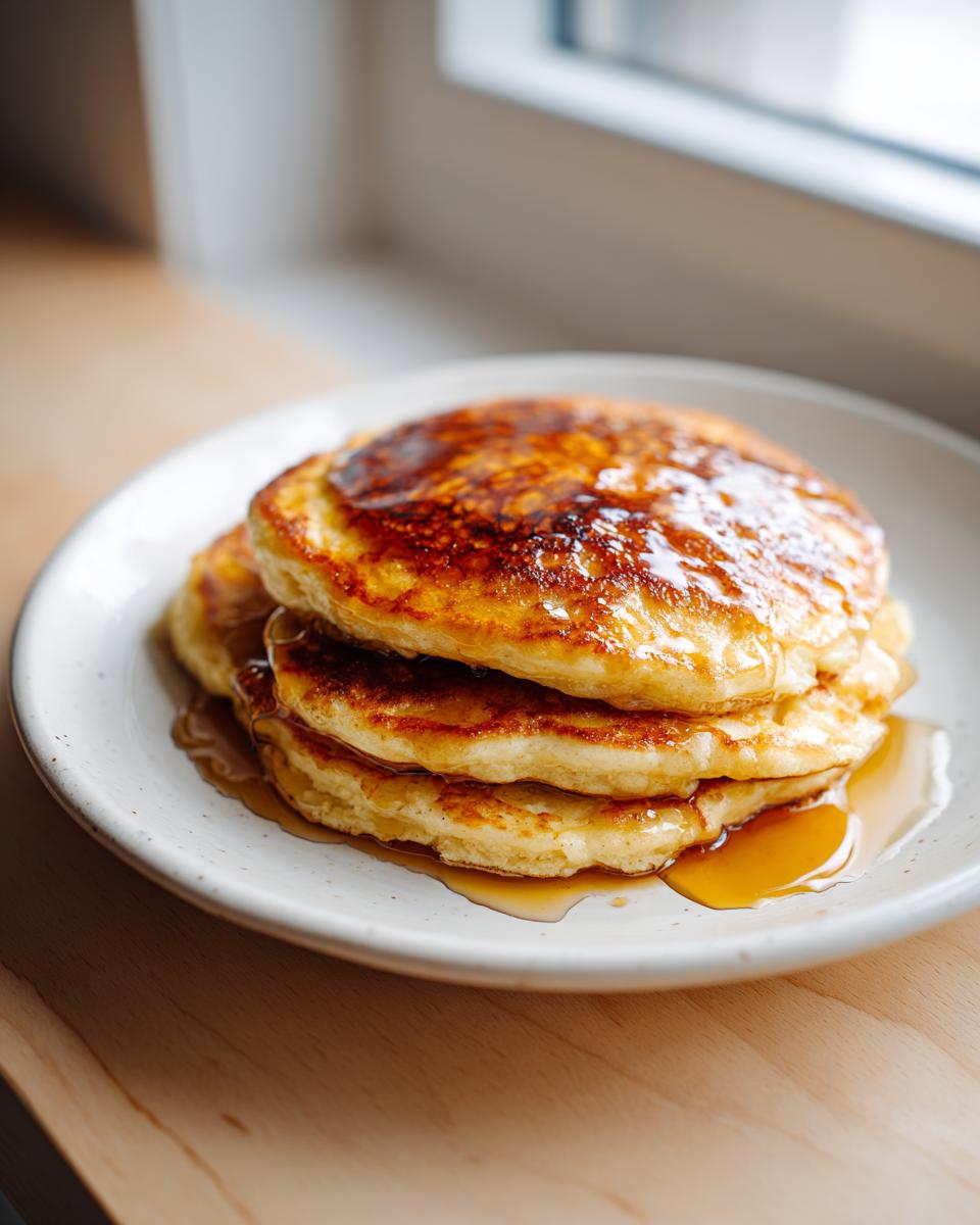 A close-up of a stack of three fluffy greek yogurt pancakes drizzled generously with golden syrup.