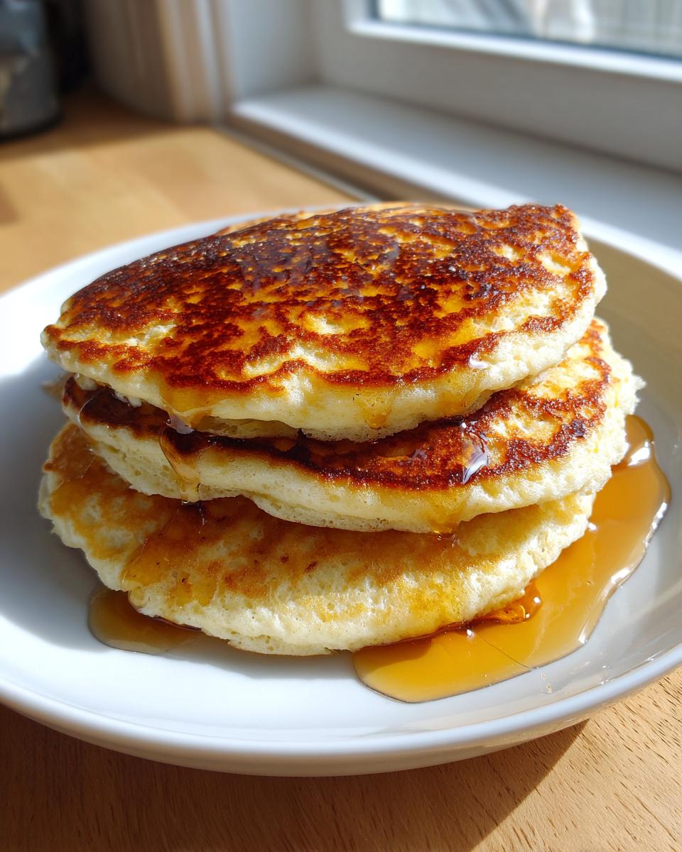 A close-up stack of three fluffy greek yogurt pancakes drizzled generously with golden syrup.