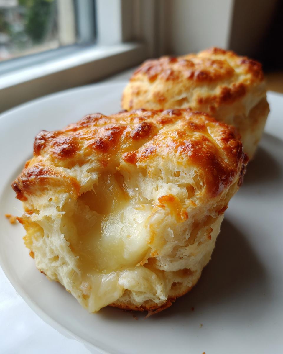 Close-up of a golden-brown french dip stuffed biscuit broken open to show melted cheese filling.