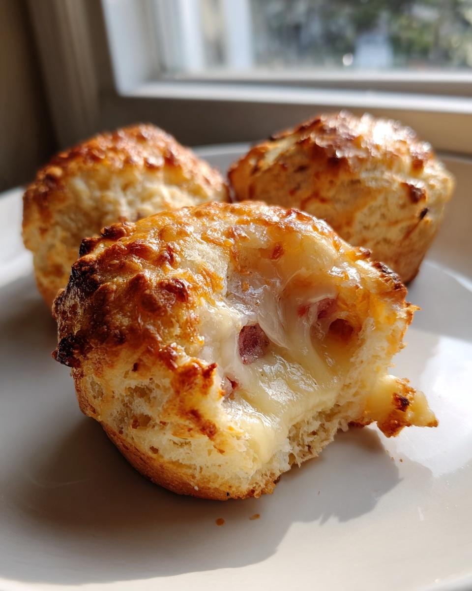 Close-up of a french dip stuffed biscuit broken open showing gooey melted cheese and roast beef filling.