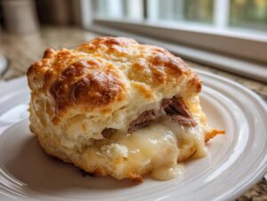 Close-up of a flaky biscuit stuffed with roast beef and oozing melted cheese, a perfect french dip stuffed biscuits.