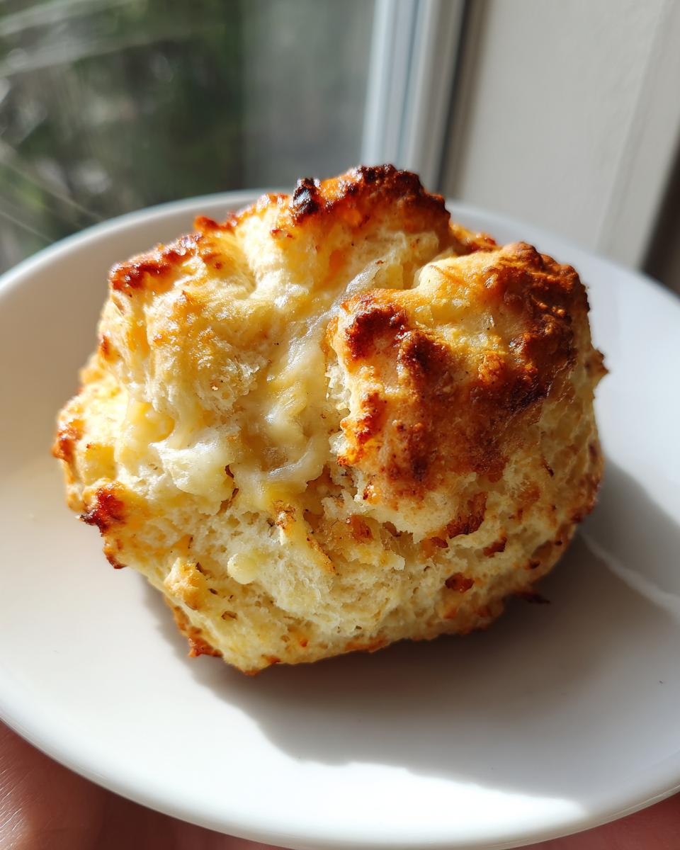 A close-up of a golden brown, flaky french dip stuffed biscuits sitting on a white plate near a window.