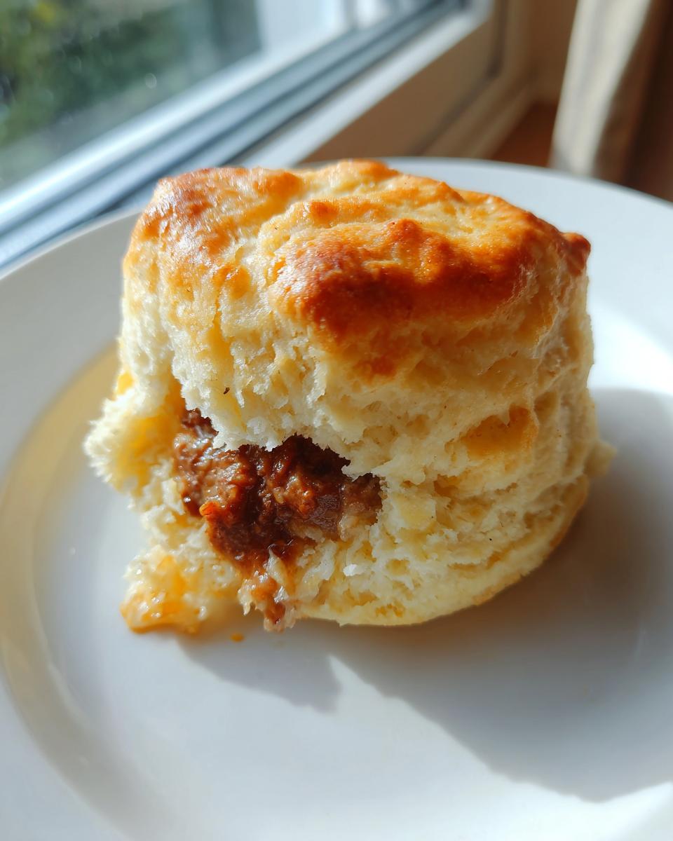 A golden-brown biscuit split open and stuffed with savory roast beef filling, ready to eat, showcasing the french dip stuffed biscuits.