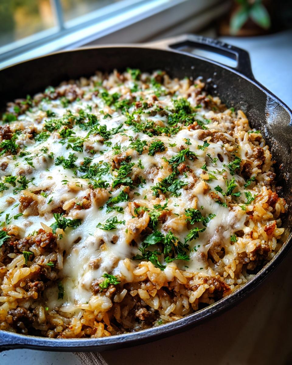 Close-up of french onion ground beef and rice skillet topped with melted white cheese and fresh parsley.
