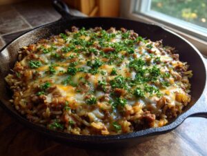 A close-up of the french onion ground beef and rice skillet topped with melted cheese and fresh parsley.