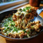A spoonful of french onion ground beef and rice skillet showing melted, stringy cheese and fresh parsley.