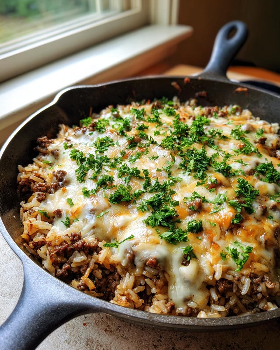 Close-up of a french onion ground beef and rice skillet topped with melted cheese and fresh parsley.