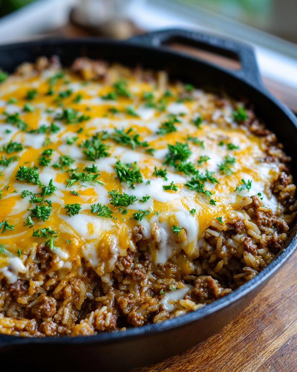 Close-up of a bubbling french onion ground beef and rice skillet topped with melted cheddar and mozzarella cheese and fresh parsley.
