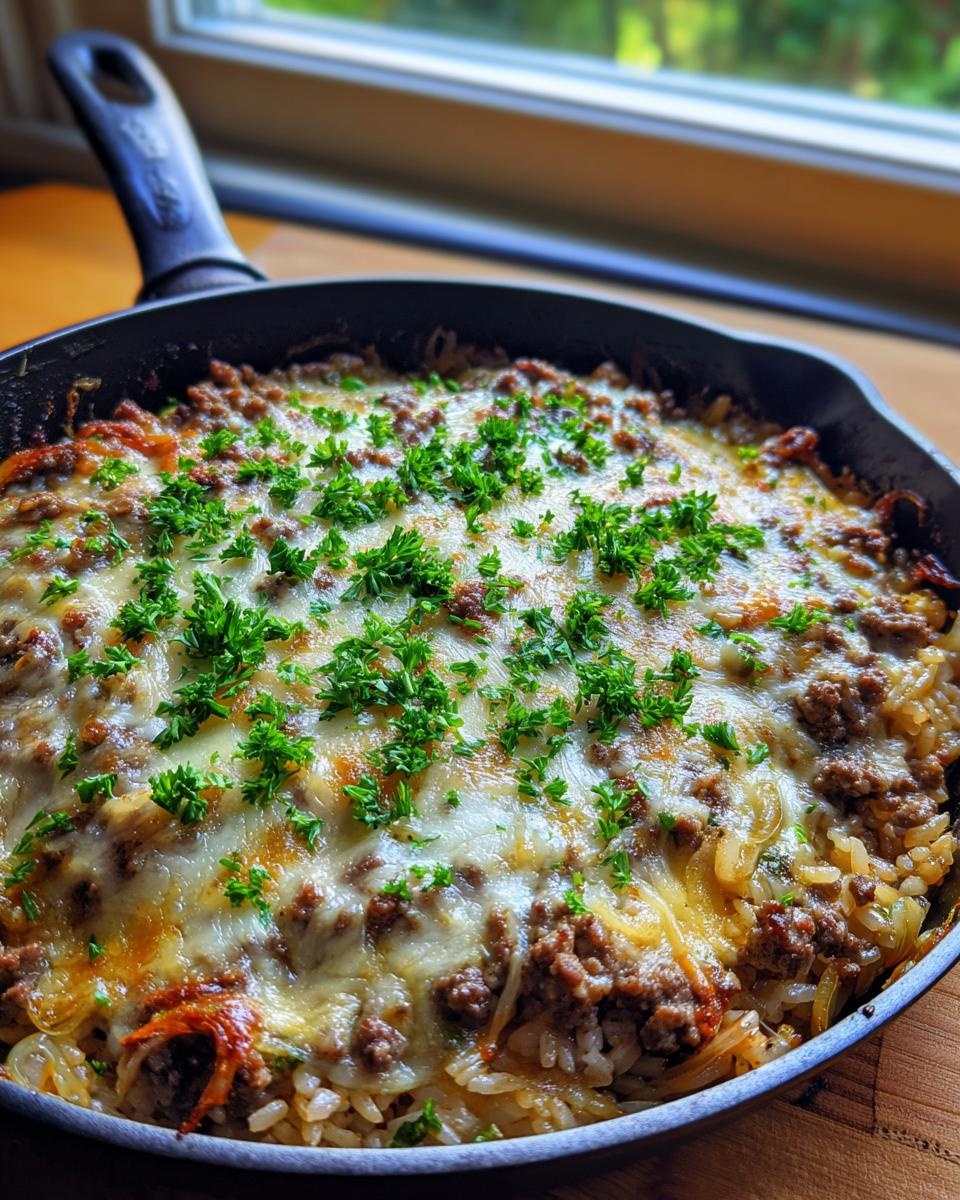 A close-up of a cheesy french onion ground beef and rice skillet topped with melted cheese and fresh parsley.