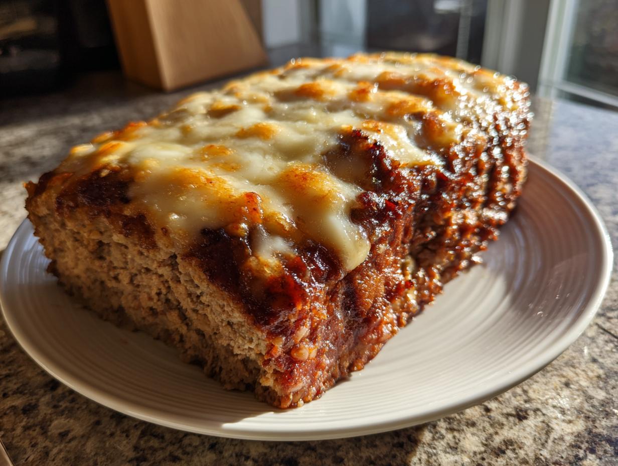 A thick slice of french onion meatloaf topped with melted, browned cheese resting on a white plate.