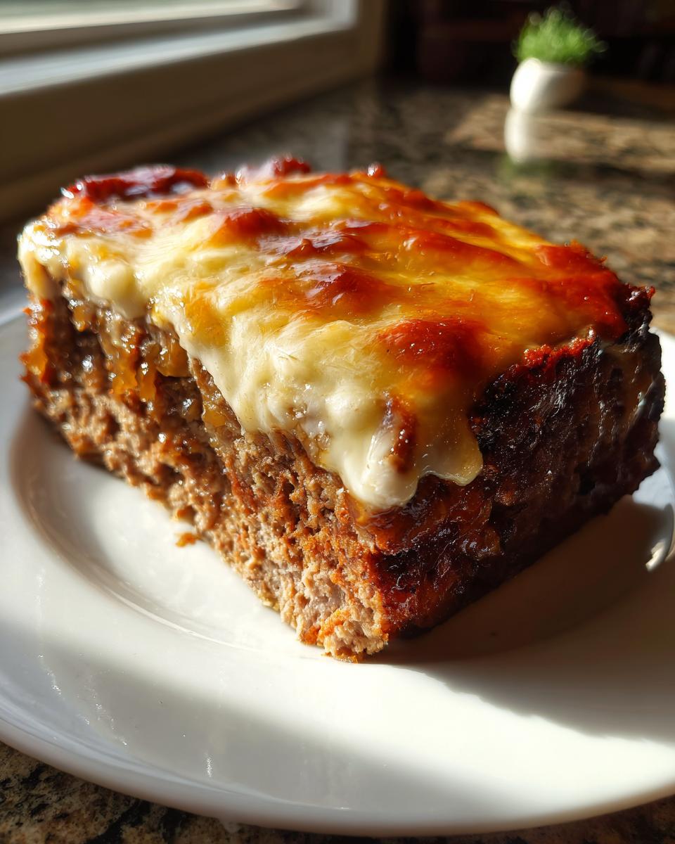A thick slice of french onion meatloaf topped with melted, browned cheese and caramelized onions.