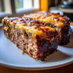 A thick slice of juicy french onion meatloaf topped with browned, melted cheese, served on a white plate.