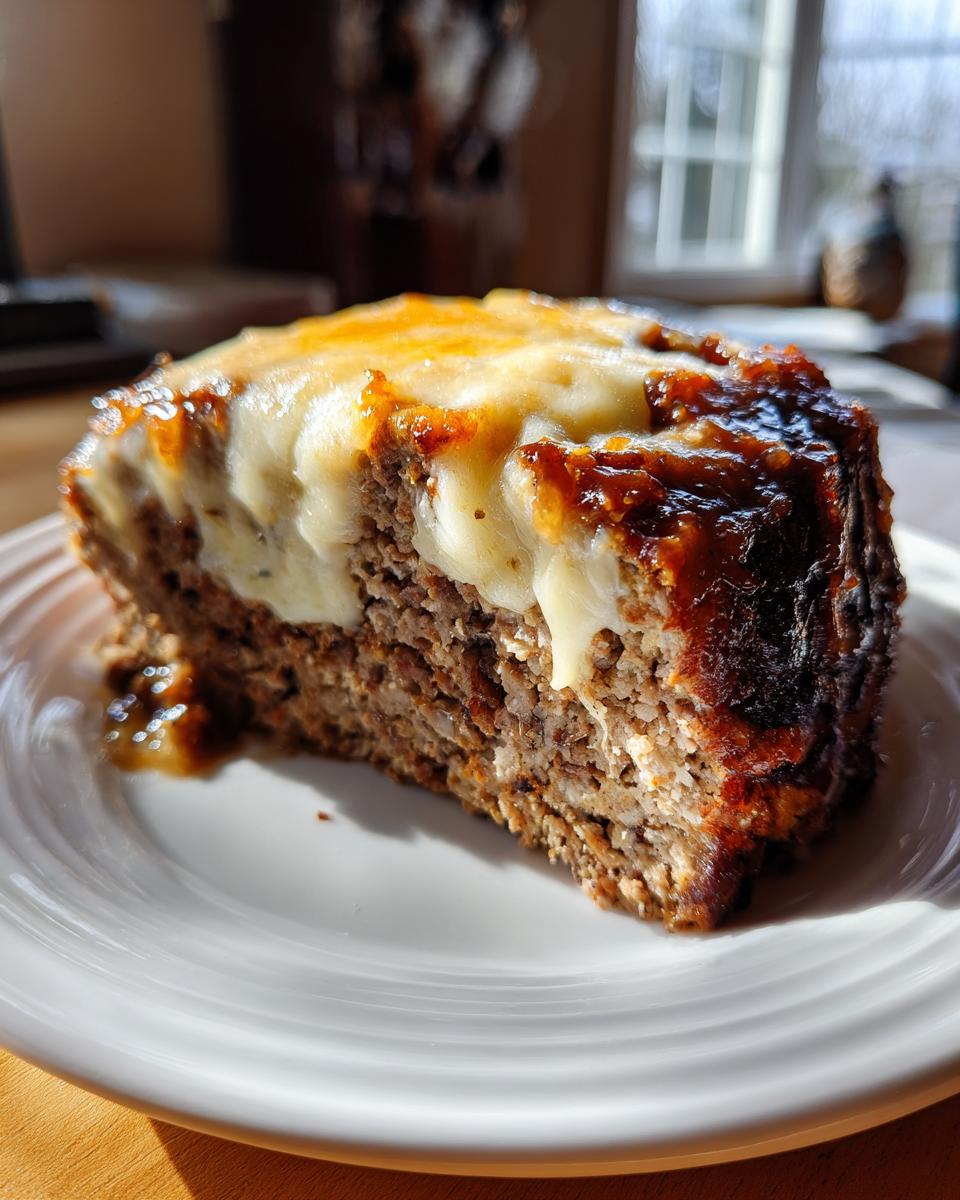 A thick slice of moist french onion meatloaf topped with melted white cheese and a caramelized glaze.
