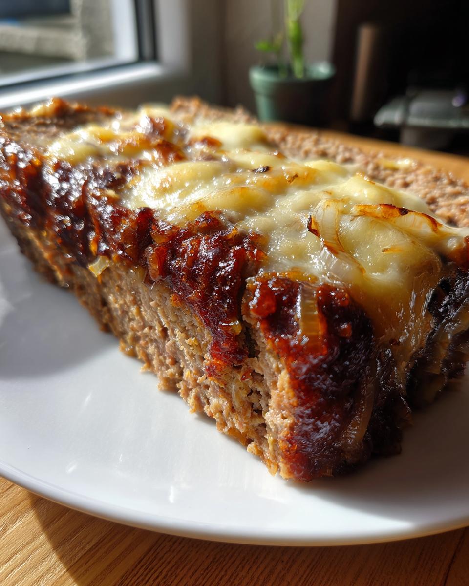Close-up of a thick slice of french onion meatloaf topped with caramelized onions and melted cheese.