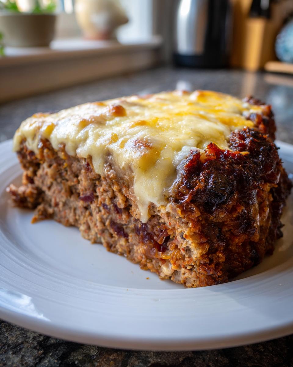 A thick slice of moist french onion meatloaf topped with gooey melted cheese, served on a white plate.