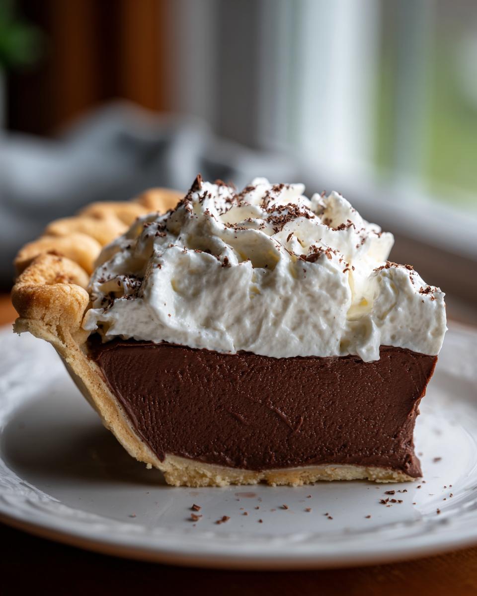 A close-up of a thick slice of french silk pie showing rich chocolate filling and a generous topping of whipped cream.