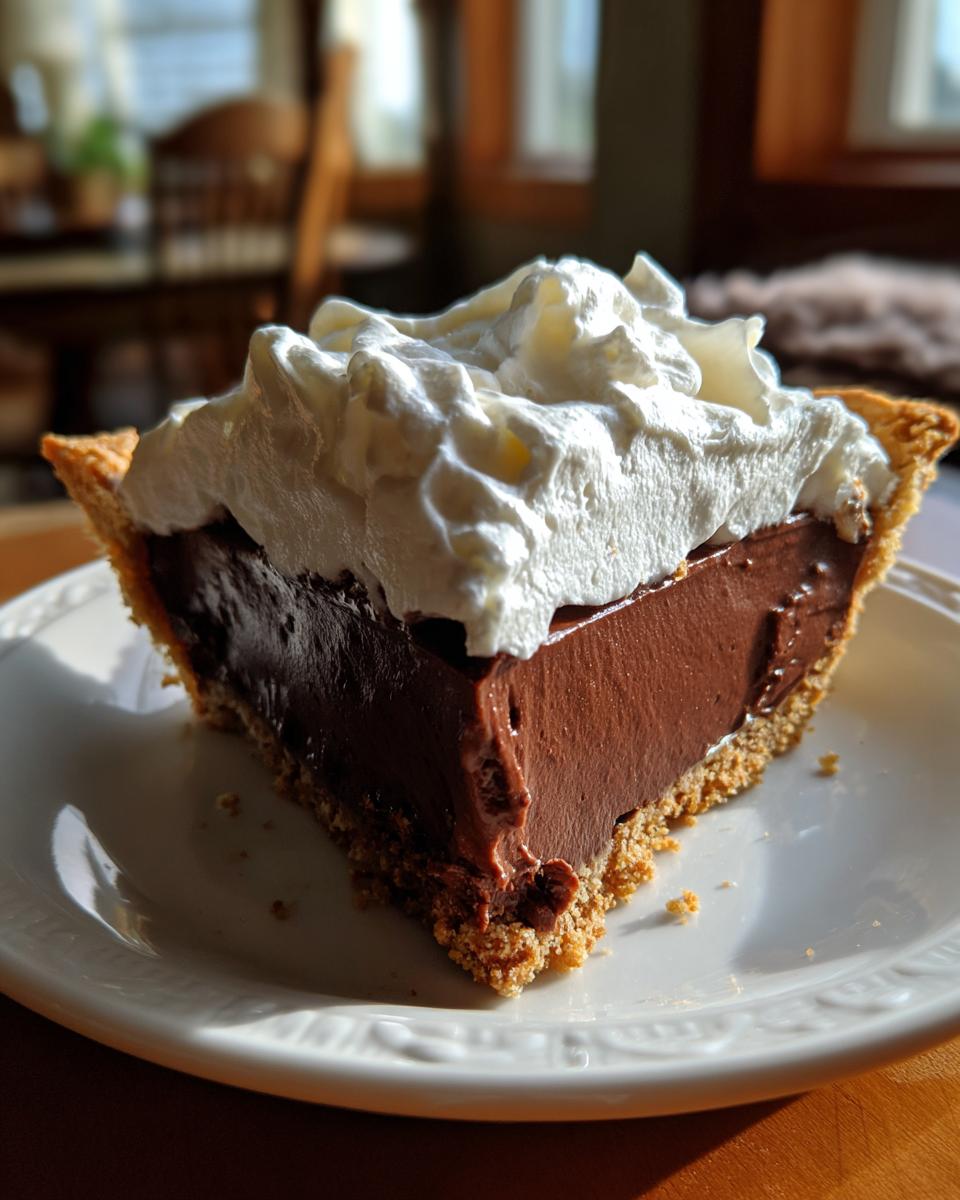 A close-up of a decadent slice of french silk pie featuring a thick chocolate filling and tall swirl of whipped cream.