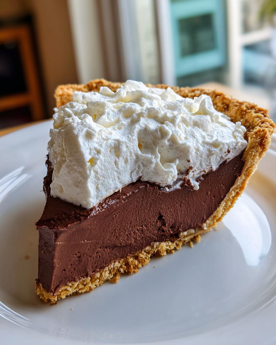 A decadent slice of french silk pie featuring a thick chocolate filling, graham cracker crust, and topped with fluffy whipped cream.
