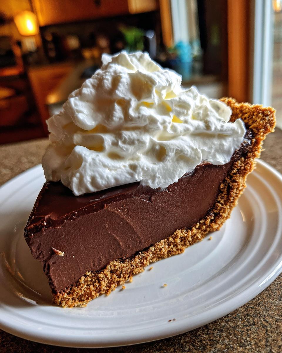 A decadent slice of french silk pie featuring a thick chocolate filling and graham cracker crust, topped with a generous swirl of whipped cream.