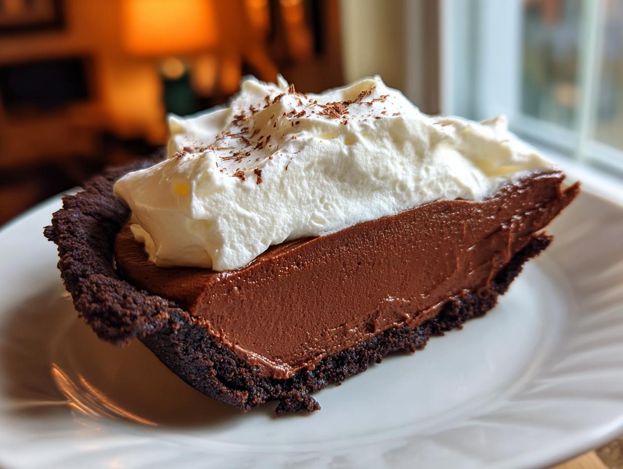 A close-up of a decadent slice of french silk pie featuring a dark chocolate crust, smooth chocolate filling, and a generous topping of whipped cream.