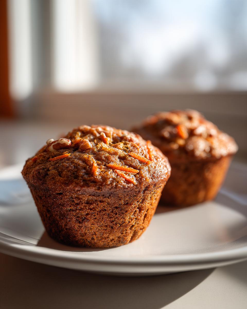 Two freshly baked morning glory muffins topped with shredded carrots and pecans, sitting on a light plate near a window.