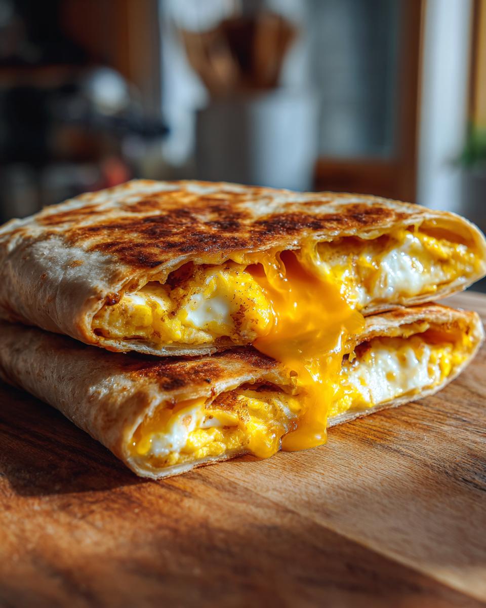 Close-up of a perfectly grilled fried egg quesadilla cut in half, showing melted cheese and scrambled egg filling oozing out.