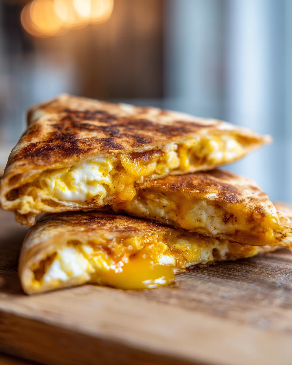 Three stacked quarters of a golden-brown fried egg quesadilla showing melted cheese and runny yolk.