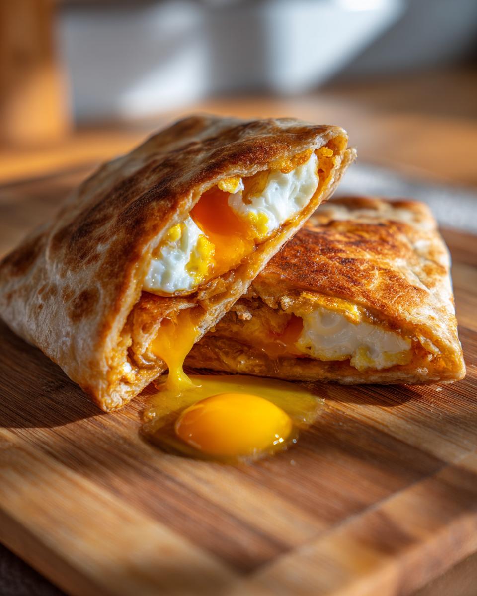 A close-up of a fried egg quesadilla cut in half, showing runny yolk spilling onto a wooden board.
