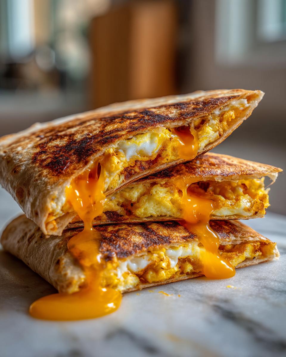 A stack of two halves of a perfectly grilled fried egg quesadilla oozing with bright orange melted cheese.