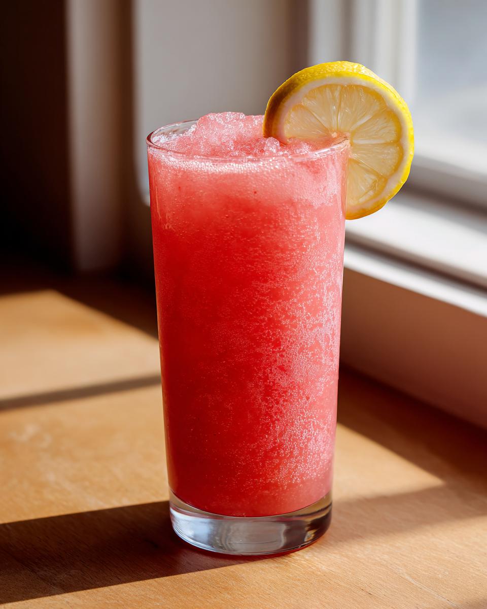 A tall glass filled with bright red, icy frozen strawberry lemonade, garnished with a lemon slice.