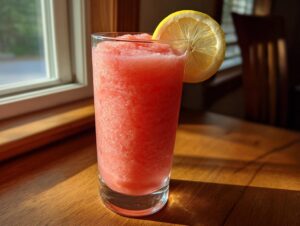 A tall glass filled with bright pink frozen strawberry lemonade, garnished with a lemon slice.