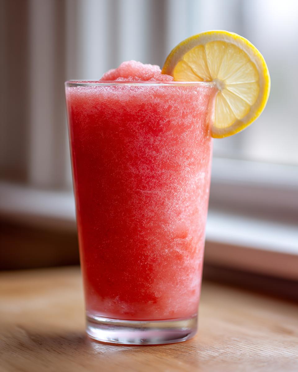 A tall glass filled with bright red, icy frozen strawberry lemonade, garnished with a lemon slice.