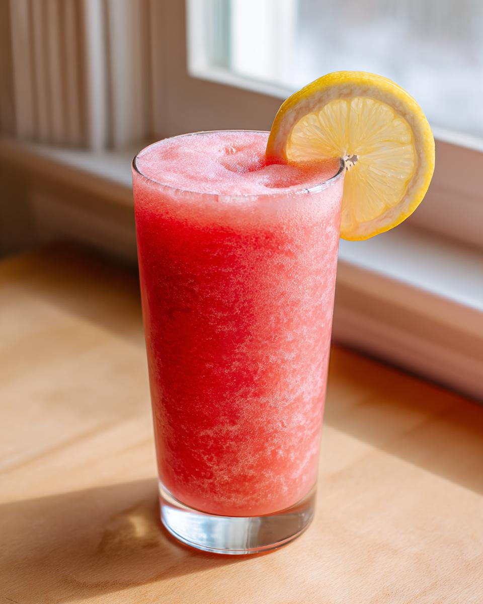A tall glass filled with bright pink frozen strawberry lemonade, garnished with a lemon slice.