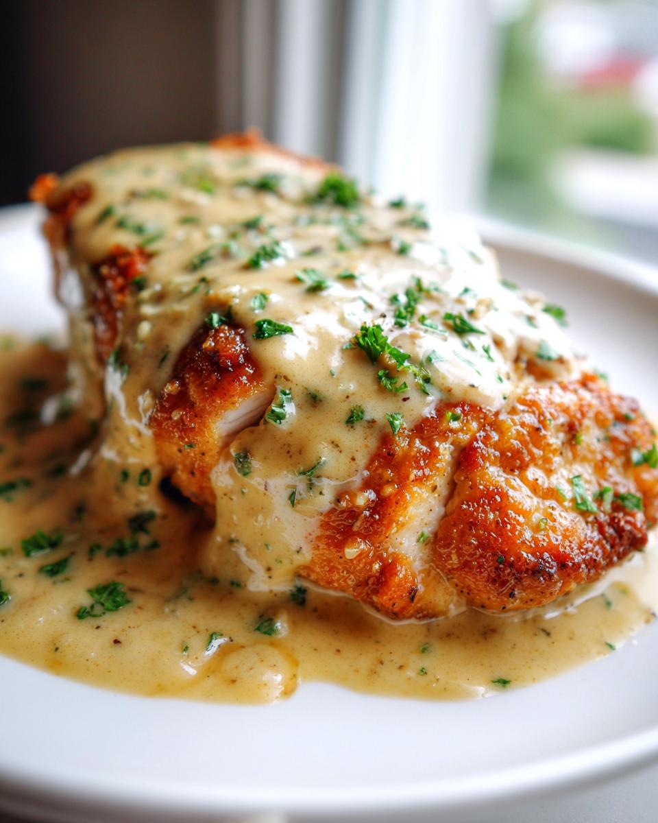 Close-up of a perfectly cooked garlic parmesan chicken breast smothered in a creamy, herb-flecked sauce.