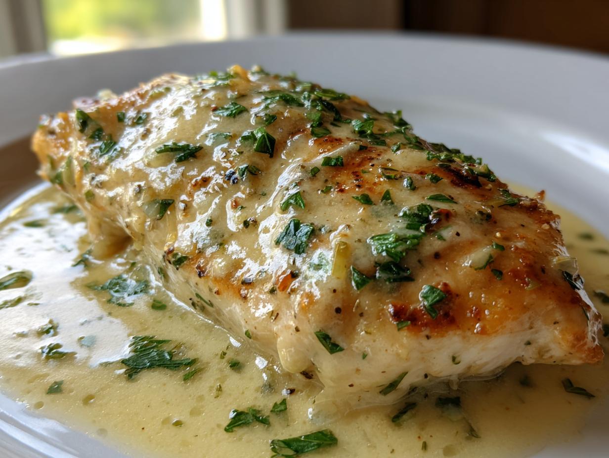 A perfectly cooked chicken breast smothered in creamy garlic parmesan chicken sauce and topped with fresh parsley.