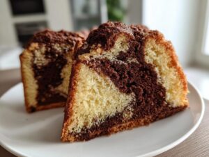 Close-up of a moist slice of german marble cake showing distinct vanilla and chocolate swirls on a white plate.