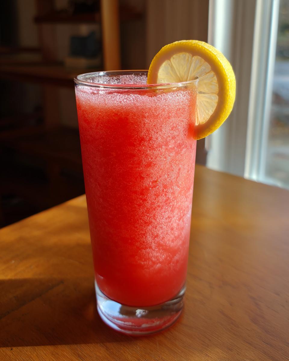 A tall glass filled with bright red, icy frozen strawberry lemonade, garnished with a lemon slice.