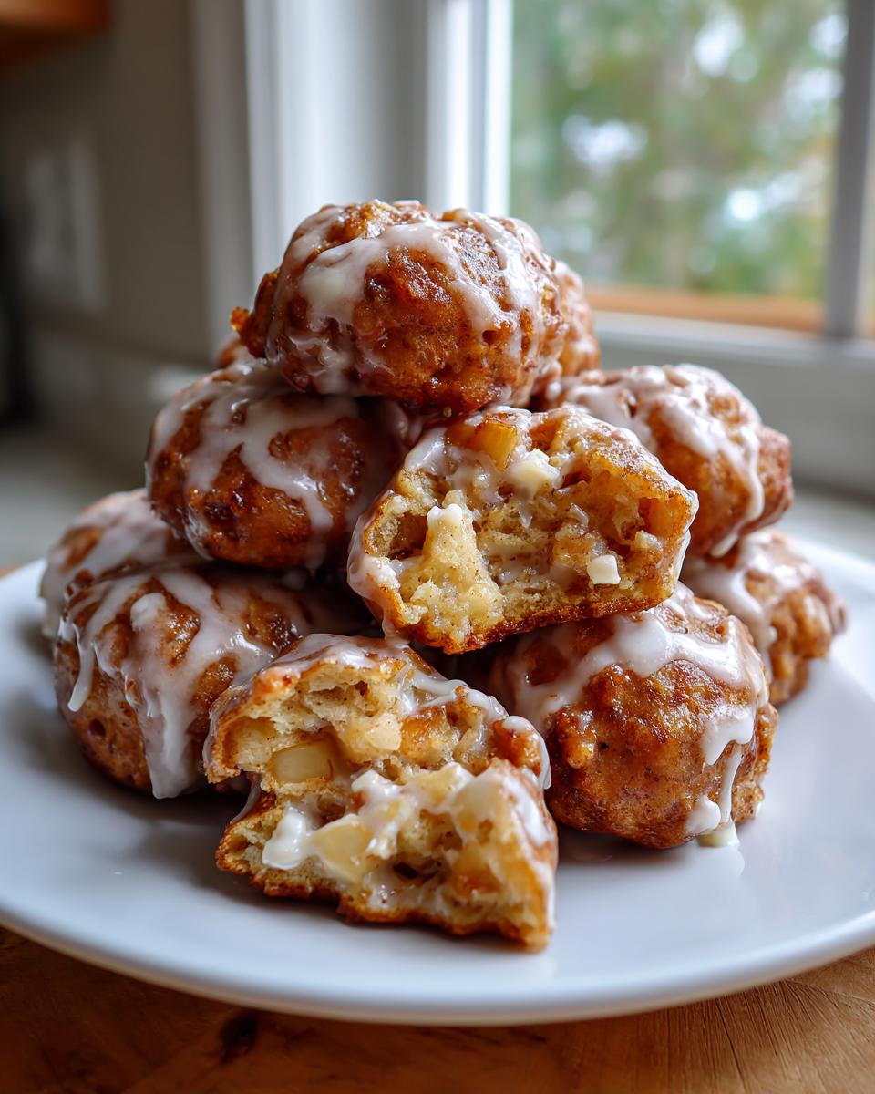 A stack of golden brown apple fritter bites drizzled with white glaze, one is broken open showing apple pieces inside.