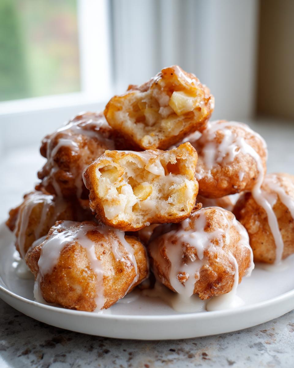A stack of golden-brown, glazed apple fritter bites, with one broken open showing chunks of apple inside.