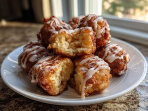 A pile of golden brown, glazed apple fritter bites stacked on a white plate, with one broken open showing the soft interior.