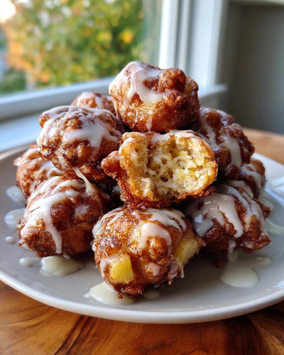 A stack of golden brown, glazed apple fritter bites piled on a plate, with one broken open showing the interior.