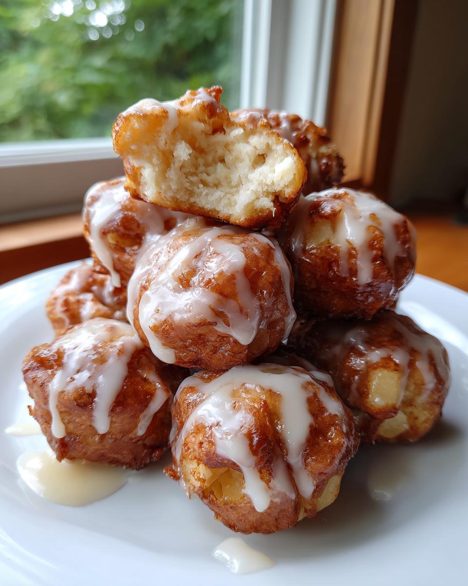 A stack of golden brown, glazed apple fritter bites piled high on a white plate, with one broken open showing the soft interior.