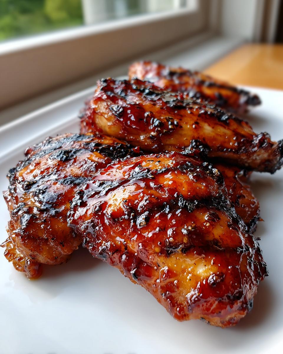 Close-up of three pieces of sticky, glazed hawaiian huli huli chicken with visible grill marks on a white plate.