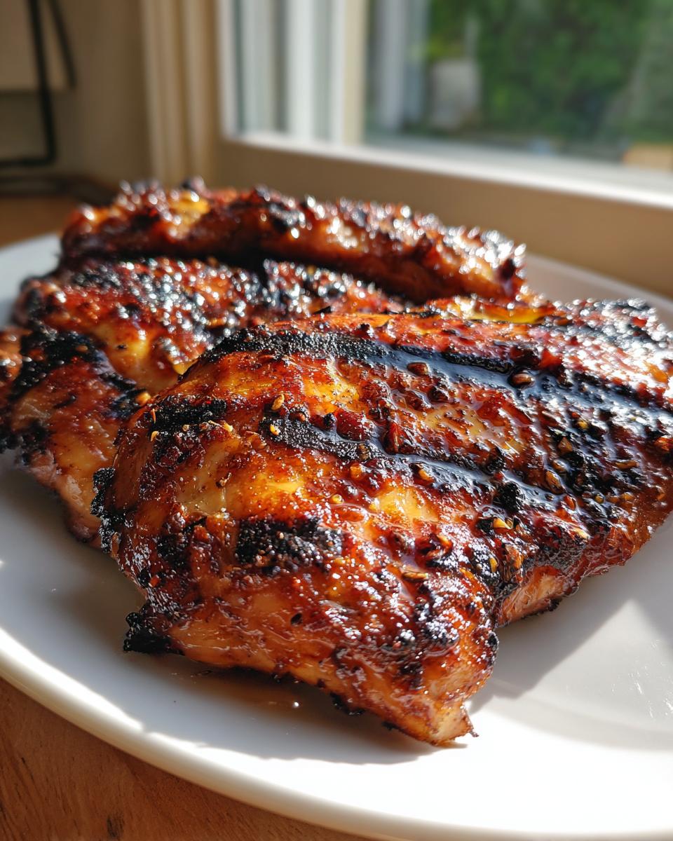 Close-up of perfectly grilled hawaiian huli huli chicken with a dark, sticky glaze and char marks.